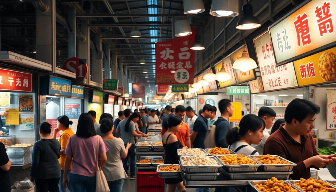 Busy Asian food court at Aberdeen Centre Richmond with diverse vendor stalls and freshly prepared dishes