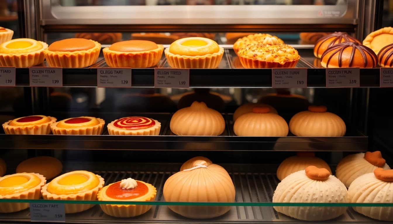 Display of golden Chinese egg tarts, fluffy BBQ pork buns, and pineapple buns in a Vancouver bakery case