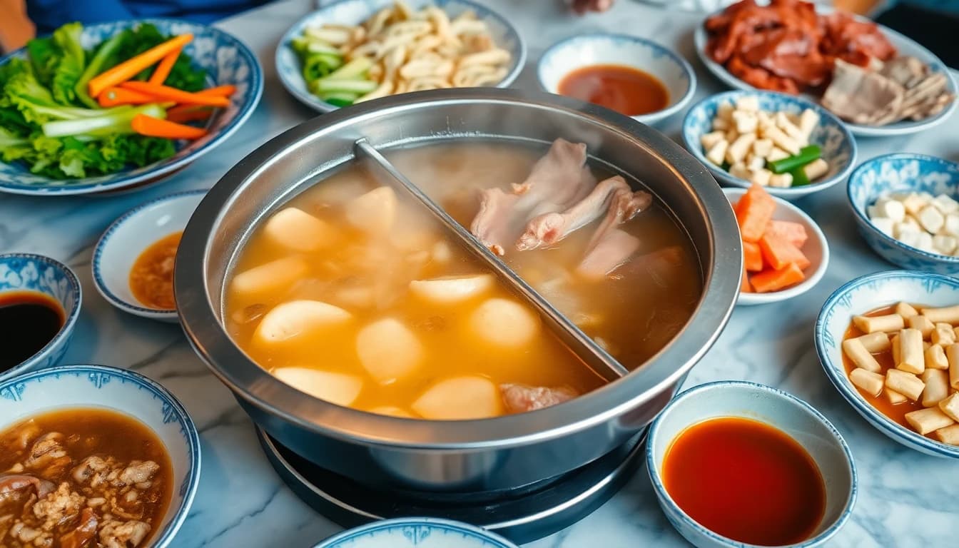 Bubbling Chinese hot pot with split broth, sliced meats, fresh vegetables, and dipping sauces on a table