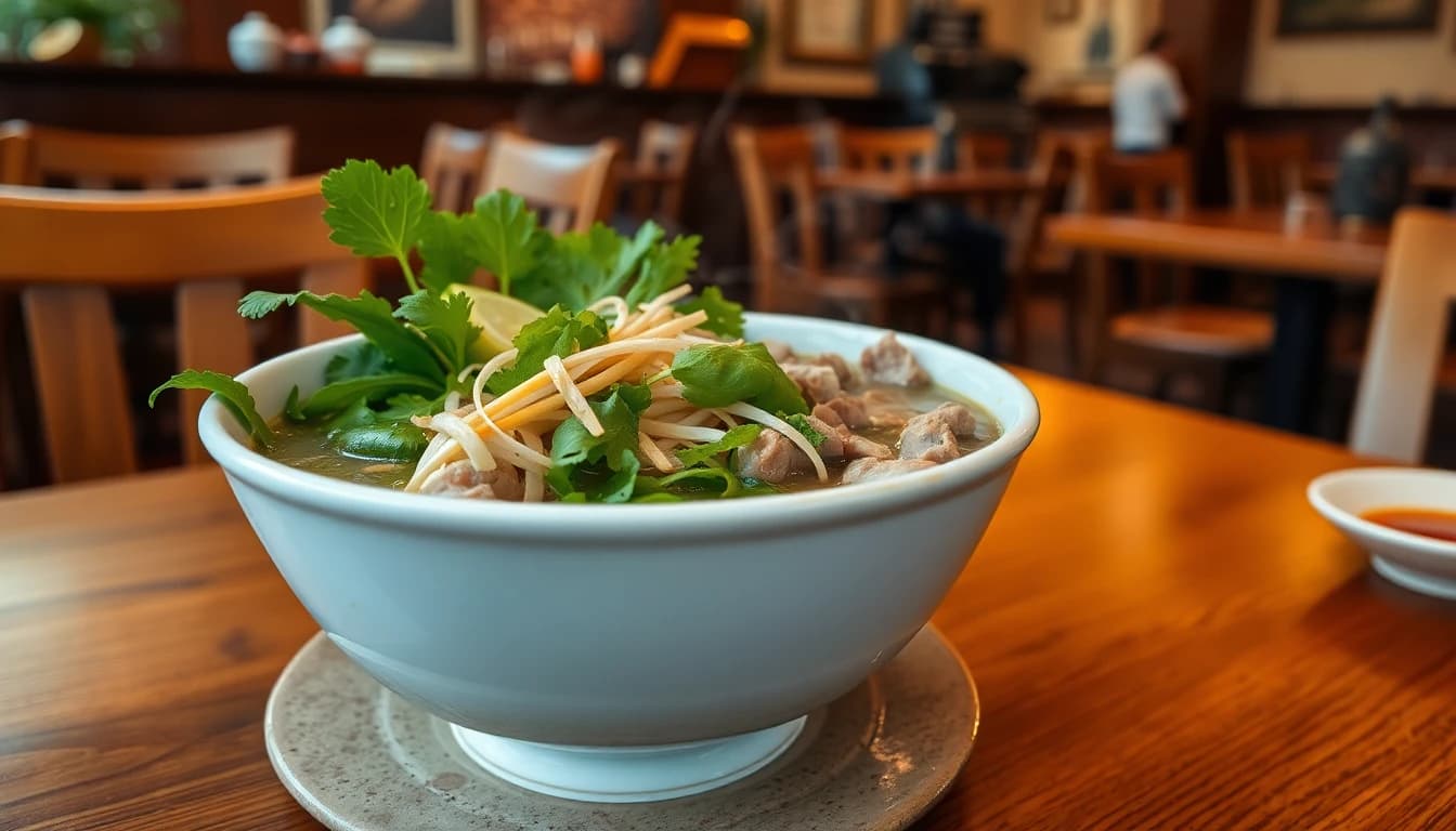 Steaming bowl of pho with fresh herbs, bean sprouts, and lime at a downtown Vancouver restaurant