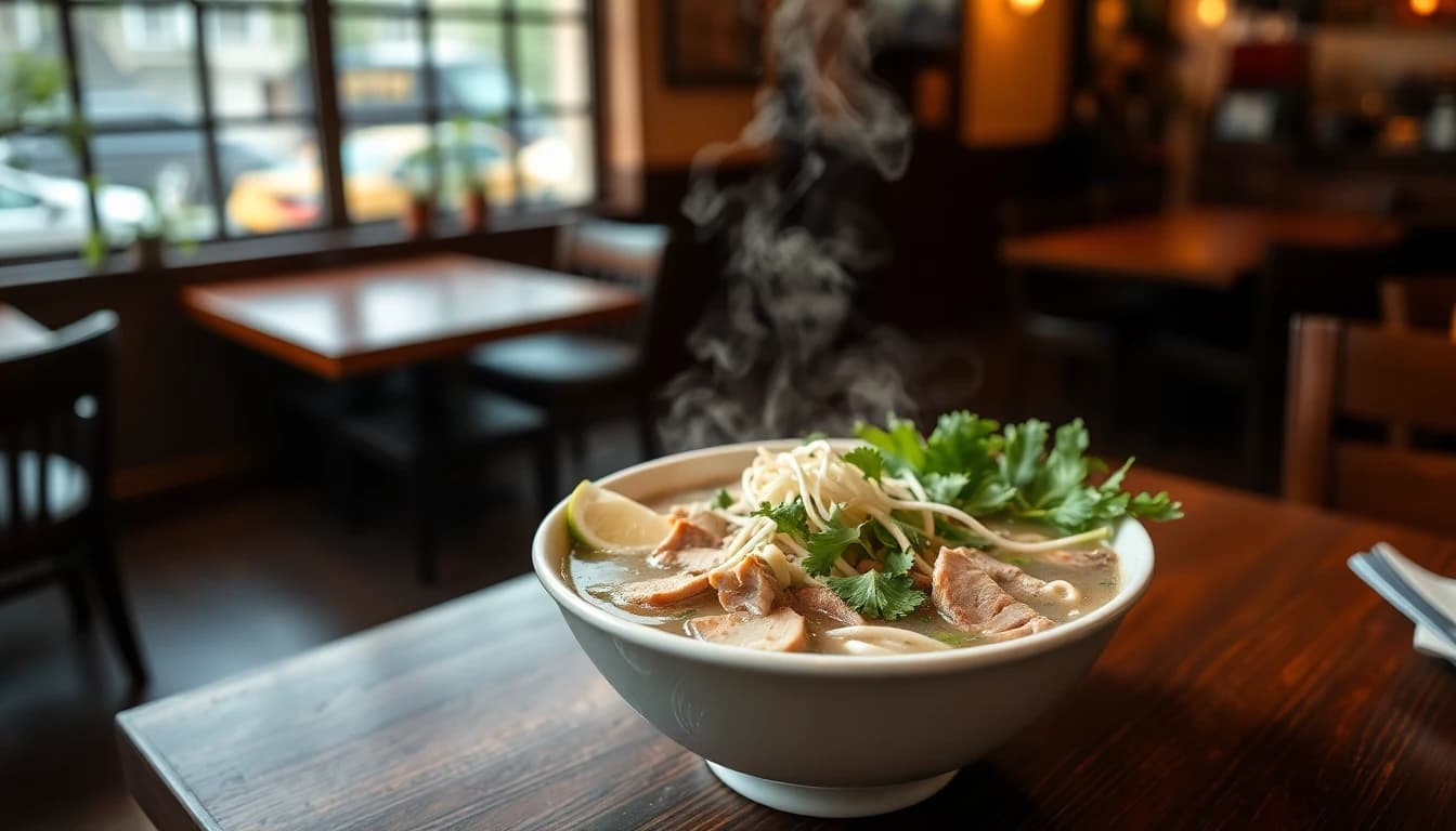 Steaming bowl of Vietnamese pho with herbs and lime at a top-ranked downtown Vancouver restaurant