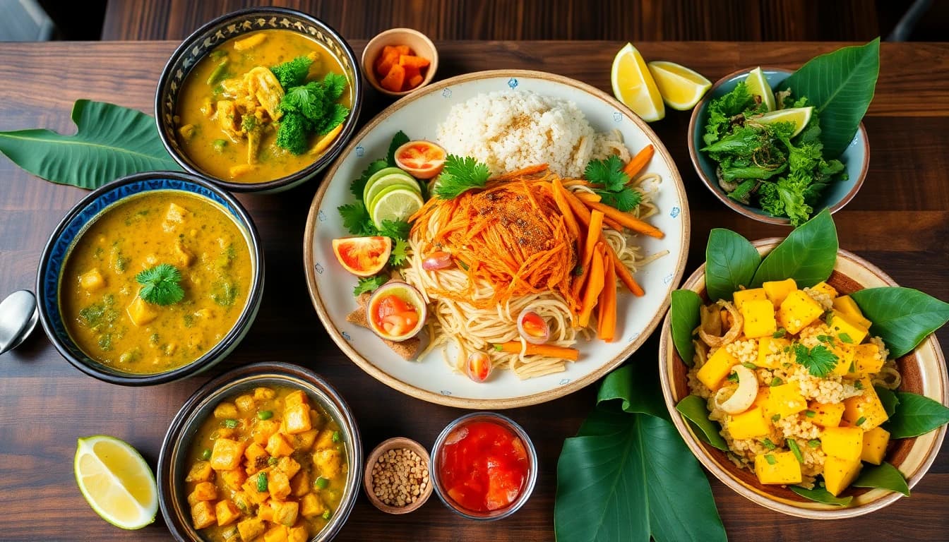 Vibrant Thai food spread with green curry, pad thai, and mango sticky rice on a tropical wood table