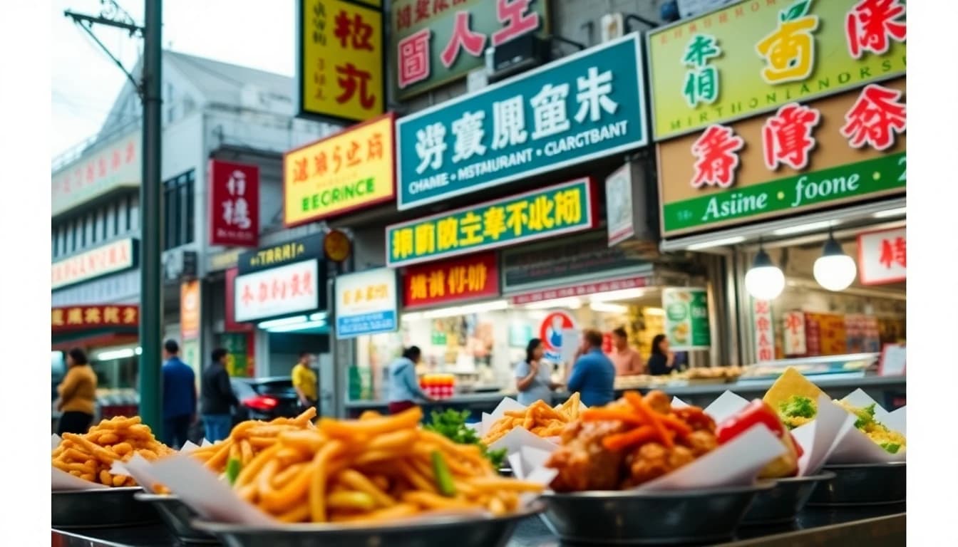 Diverse Asian restaurant district near Burnaby Metrotown with appetizing dishes in the foreground