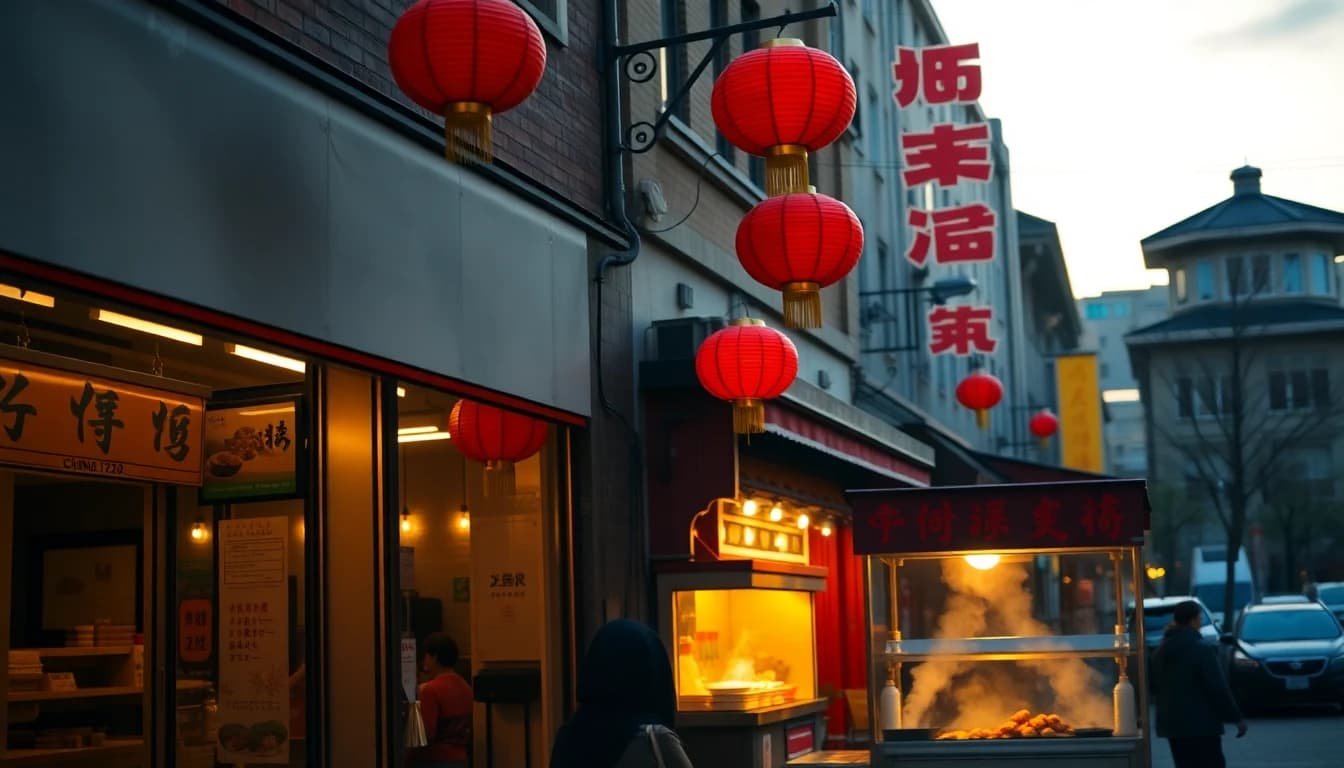 Historic Vancouver Chinatown street with red lanterns and BBQ duck hanging in shop windows