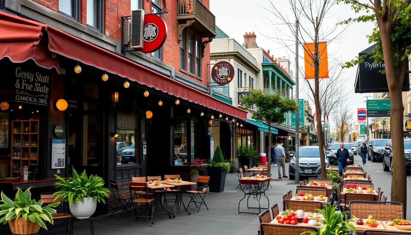 Eclectic Commercial Drive restaurant patios with Italian, Ethiopian, and Latin cuisine signage