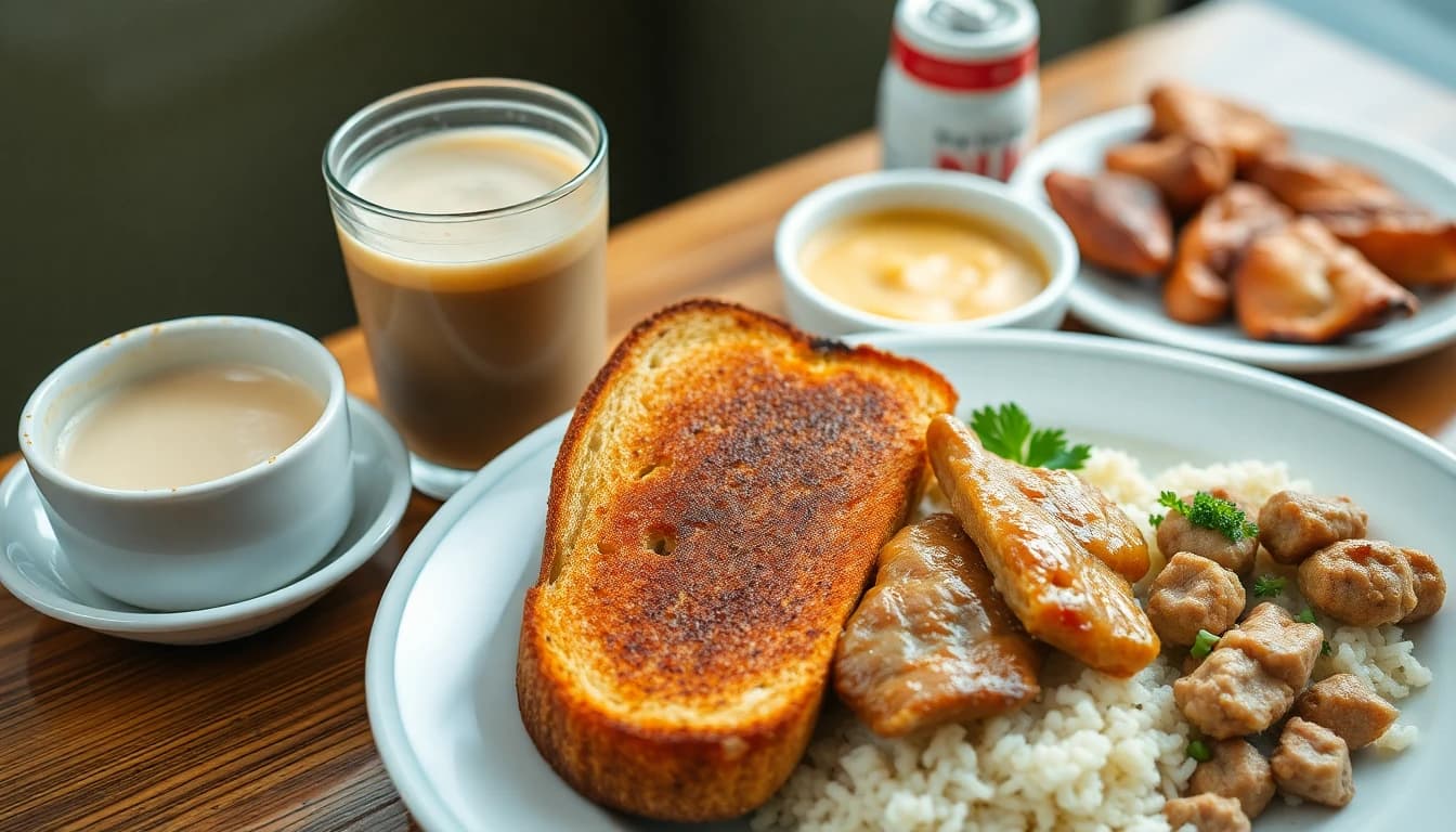 Hong Kong cha chaan teng spread with milk tea, thick toast, macaroni soup, and baked pork chop rice