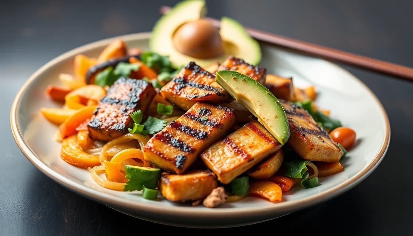 Keto-friendly Asian dishes with grilled proteins, stir-fried vegetables, and low-carb plate presentation