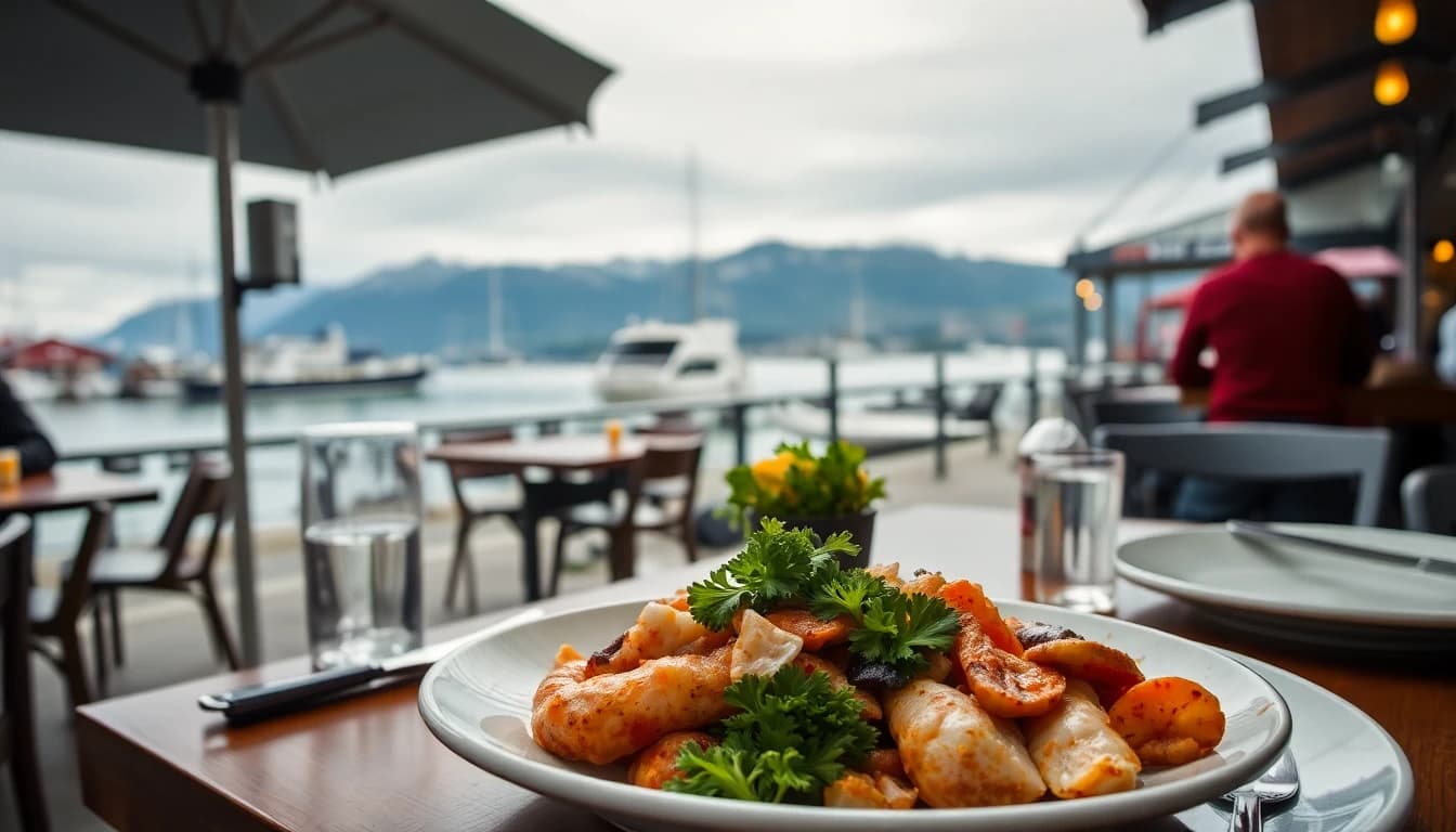 Lonsdale Quay market food vendors with mountain backdrop and waterfront dining in North Vancouver