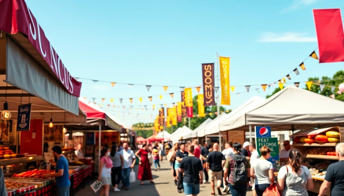 Outdoor Vancouver food festival with vendor tents, diverse cuisines, and crowds browsing stalls