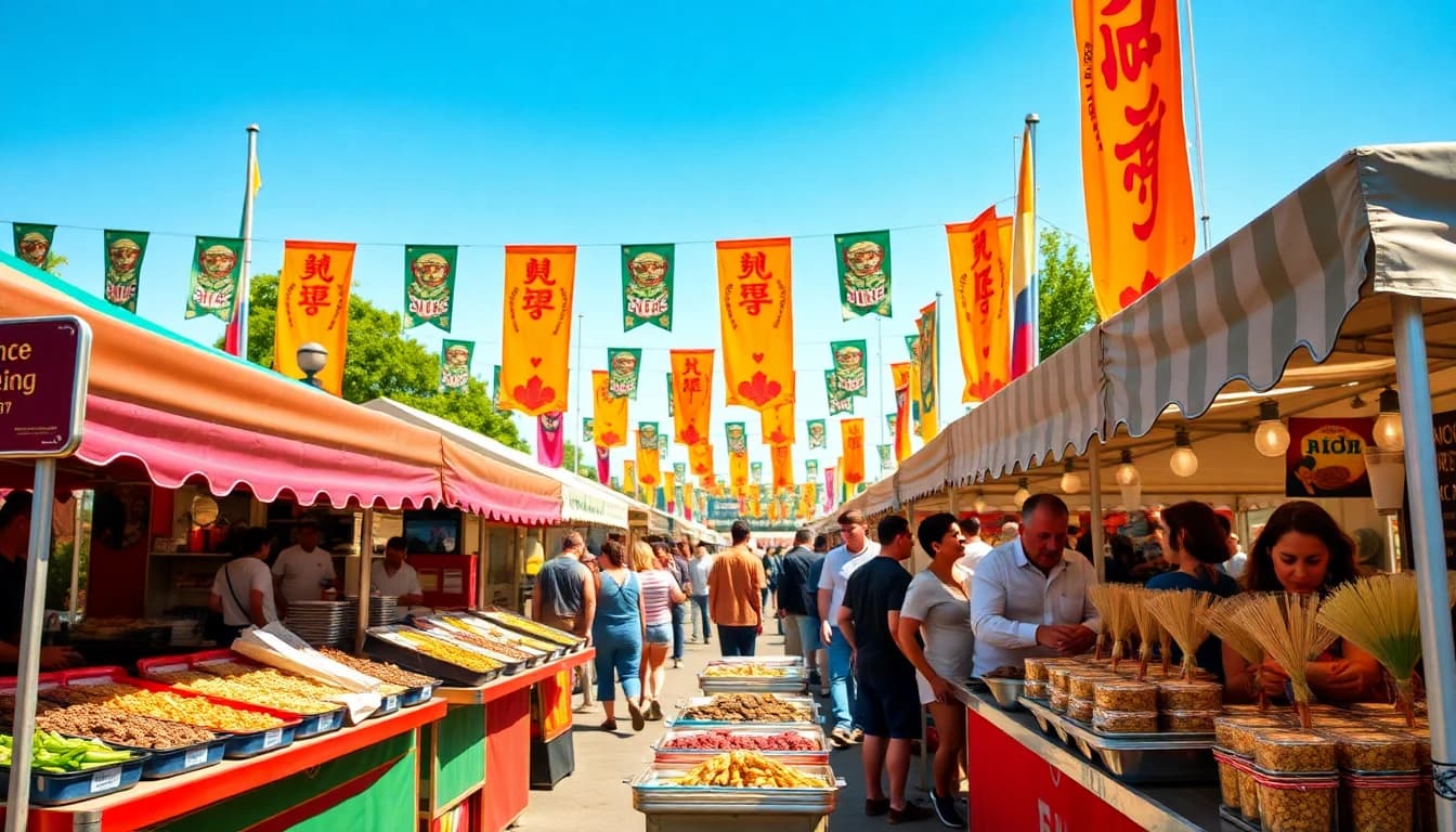 Vibrant outdoor food festival with vendor tents, diverse cuisines, crowds, and colorful banners