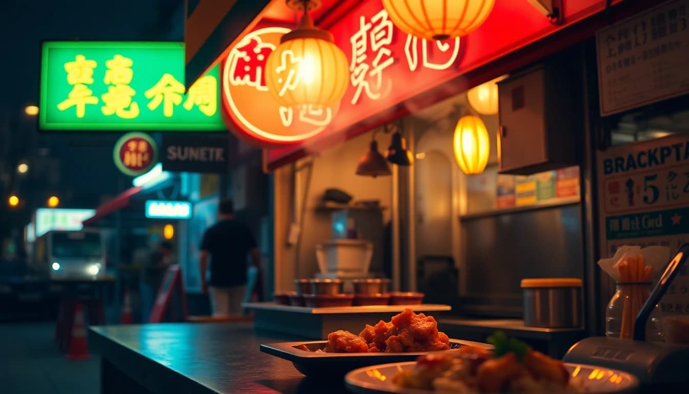 Neon-lit Vancouver late-night restaurant strip with comfort food spots open after midnight