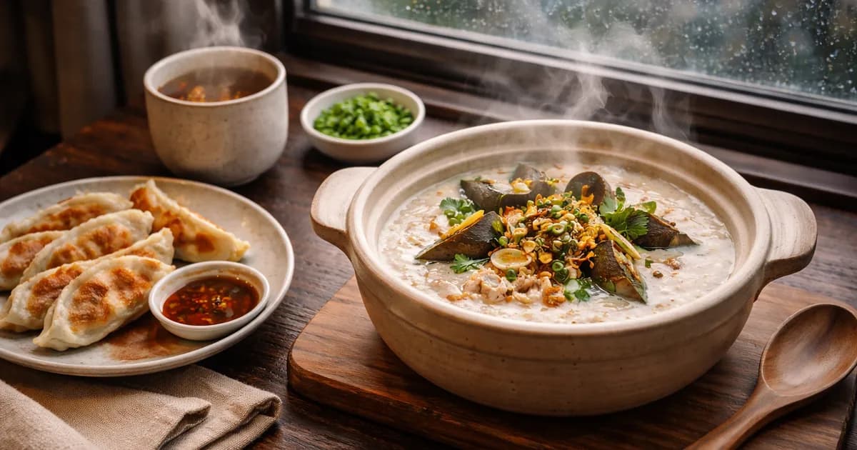 Steaming bowl of Chinese comfort food like congee and hot pot on a rainy Vancouver day