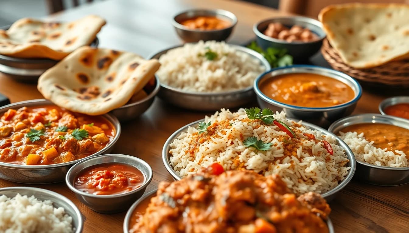 Rich Indian curry dishes with naan bread, basmati rice, and colorful spices in Vancouver