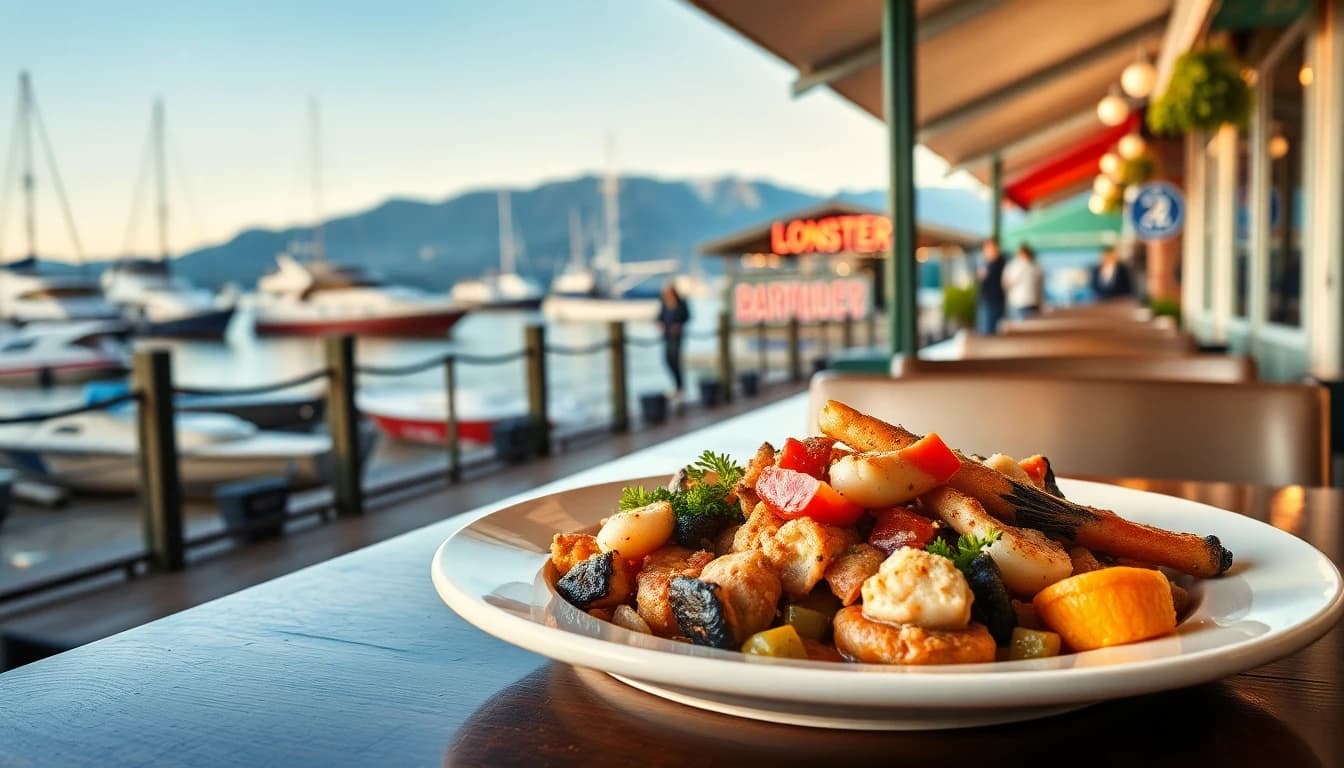 Lonsdale Quay waterfront dining with North Vancouver mountain views and plated seafood