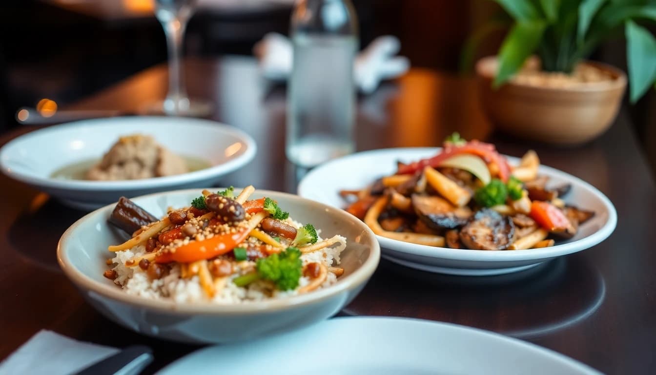 Professional business lunch setting with plated meals and colleagues at a downtown Vancouver restaurant