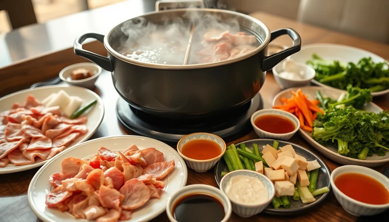 Hot pot table setup with dipping sauces, raw ingredients, and bubbling broth for beginners