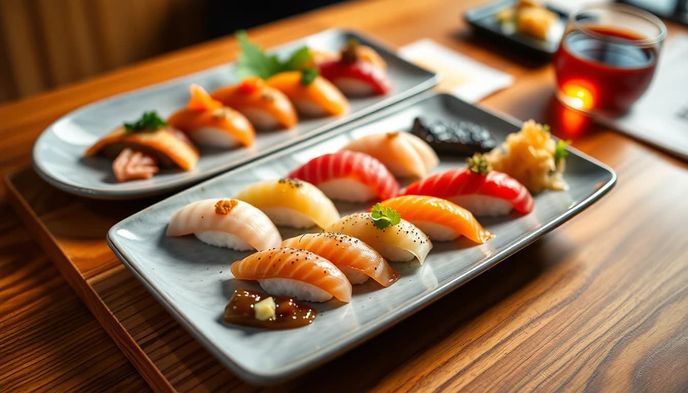 Omakase chef placing delicate nigiri on a cedar counter at a Vancouver sushi restaurant