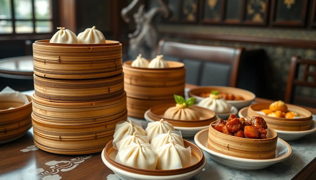 Premium dim sum spread with har gow, siu mai, and char siu bao at a top Richmond restaurant