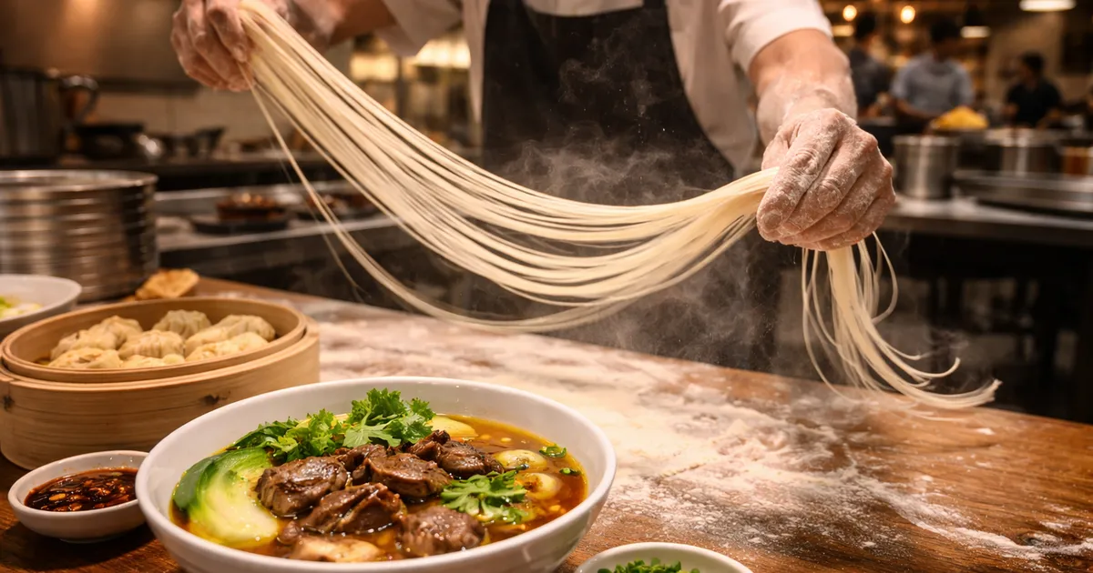 Chef hand-pulling fresh noodles in a Vancouver Chinese restaurant kitchen with flour-dusted counter